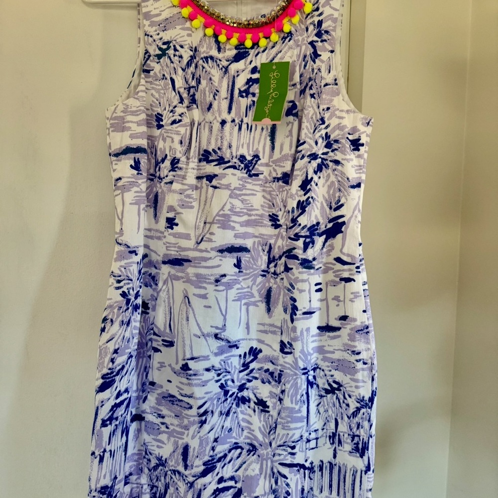 Purple and White Patterned Sleeveless Dress with Pom Pom detailing- -NWT!